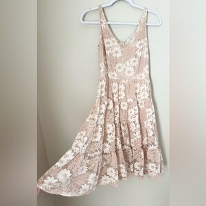 Sundance Light Pink Lace Crochet Style Tiered Knee Length Dress